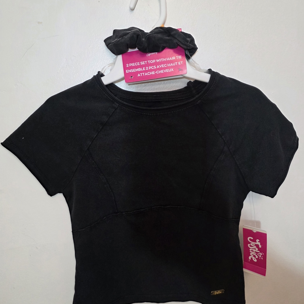 Justice Girl 2 Pieces Sport Black Short Sleeve Tee with Hair Accessory (S) *New*